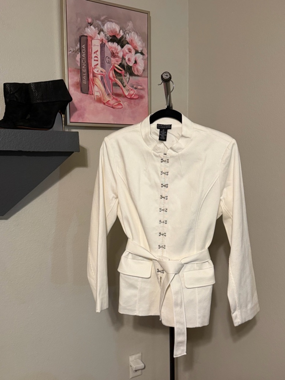 Ivory Textured Blazer Hook & Eye Jacket Belted Size 10 Workwear Chic